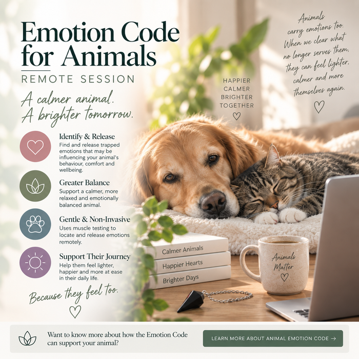 Promotional graphic for 'Emotion Code for Animals Remote Session' featuring a golden retriever and a cat resting together on a bed, with text explaining remote animal therapy sessions and supporting wellness topics. Includes a mug labeled 'Calmer Hearts', 'Happier Hearts', and 'Brighter Days', and a laptop.