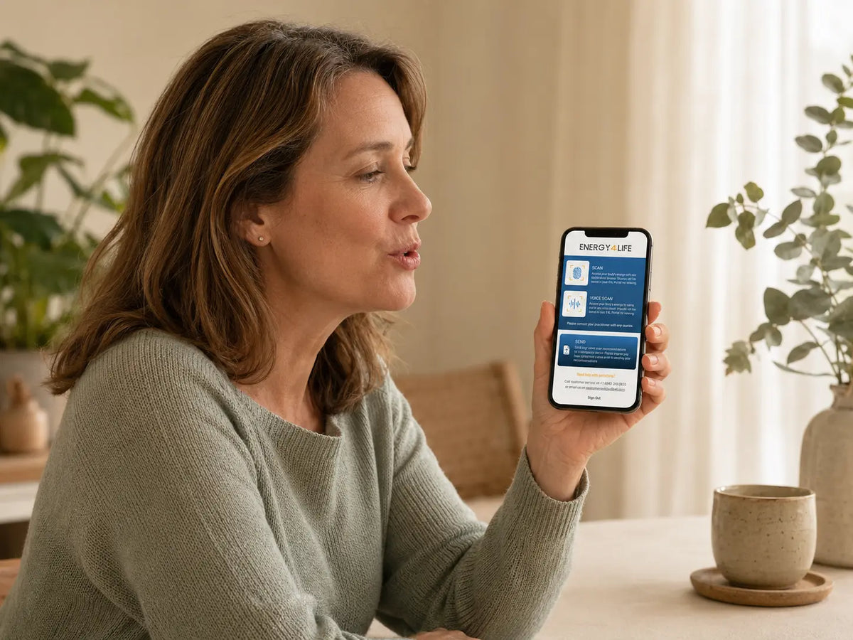 Woman speaking a short voice sample toward a phone displaying the Energy4Life app