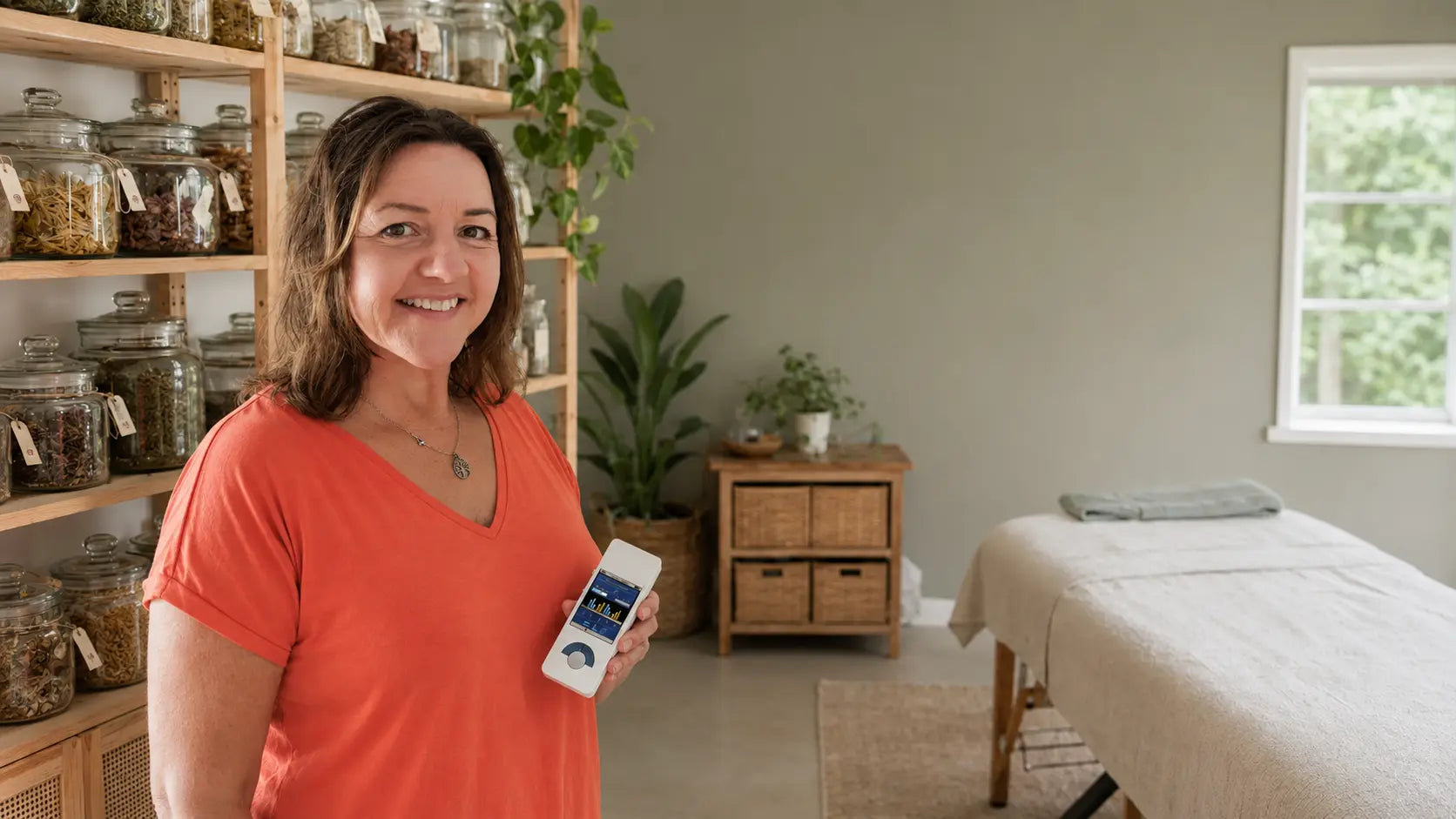 Zdenka Sciacca holding the original miHealth device beside her herbal dispensary and treatment room