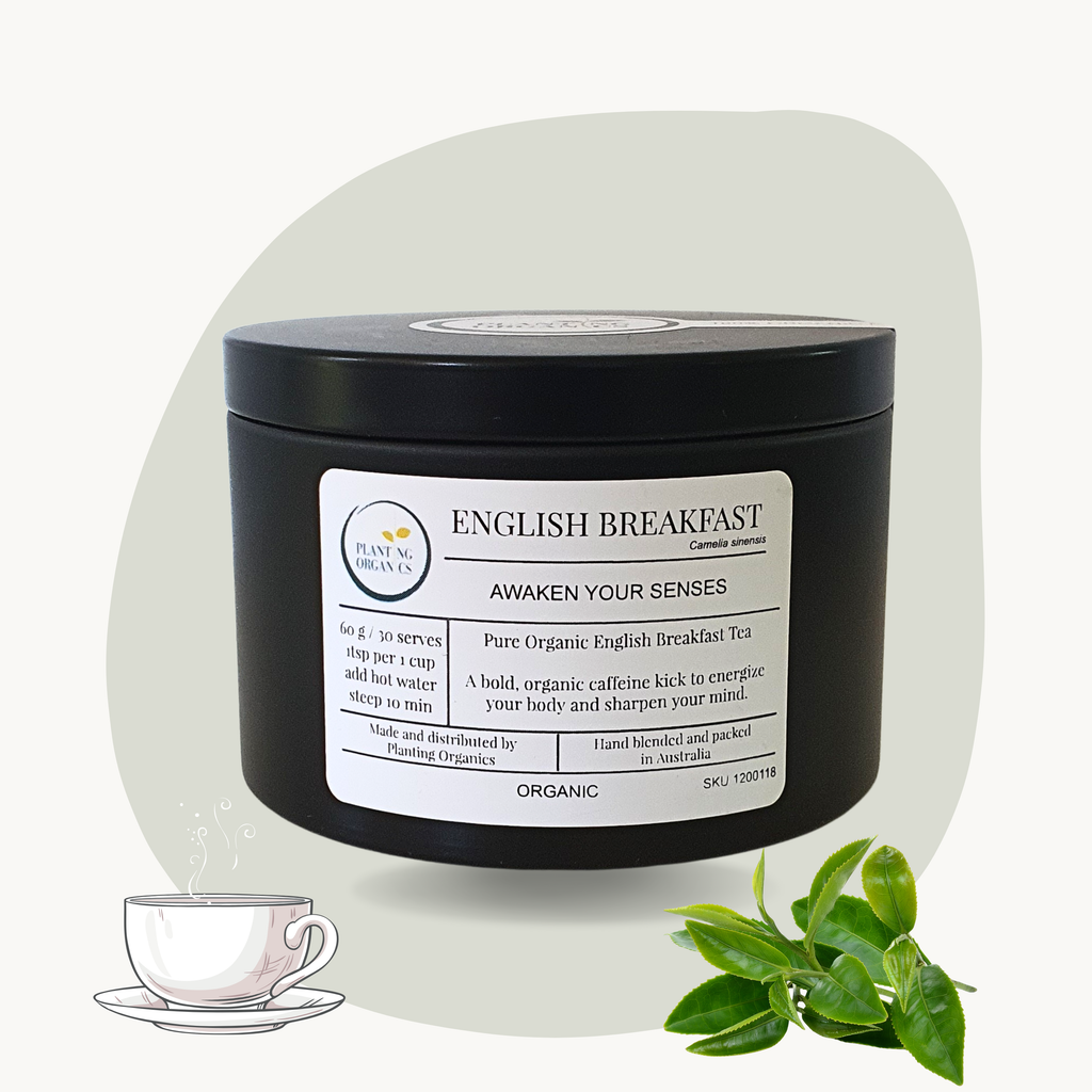 Planting Organics English Breakfast Tea tin – Awaken Your Senses 60g organic blend.