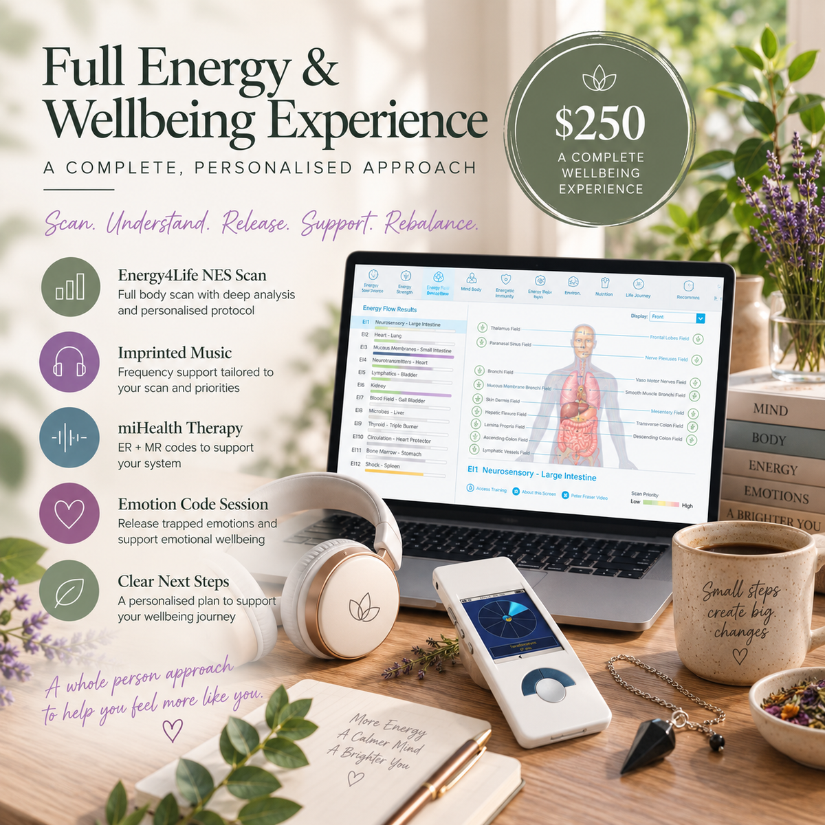 A promotional graphic for a wellness service called Full Energy & Wellbeing Experience, showing a laptop with a digital body scan interface, a smartphone, a notebook, a mug, and other lifestyle props on a wooden desk, with text describing the $250 complete wellbeing experience.