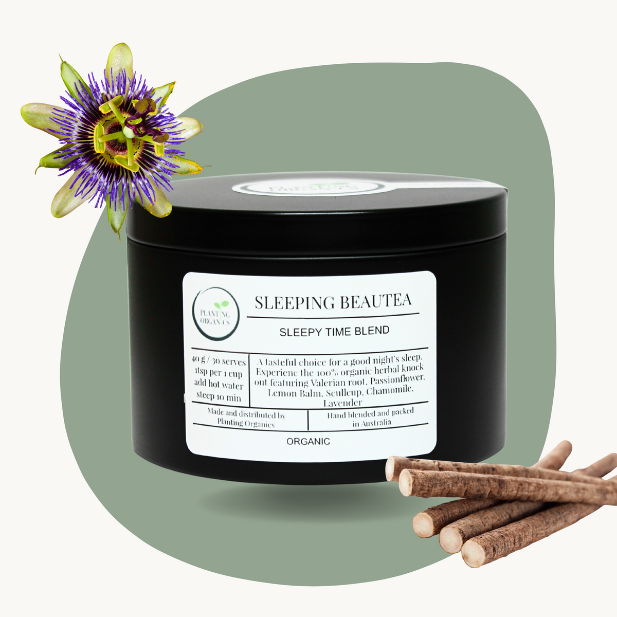 Sleepoing beautea tea blend in black tin