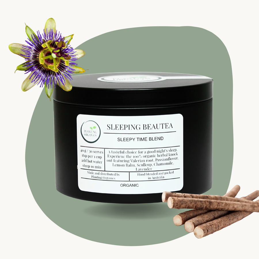 Sleepoing beautea tea blend in black tin