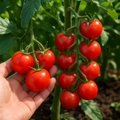 Hand holding tomatoes and showing the size of tomatoes
