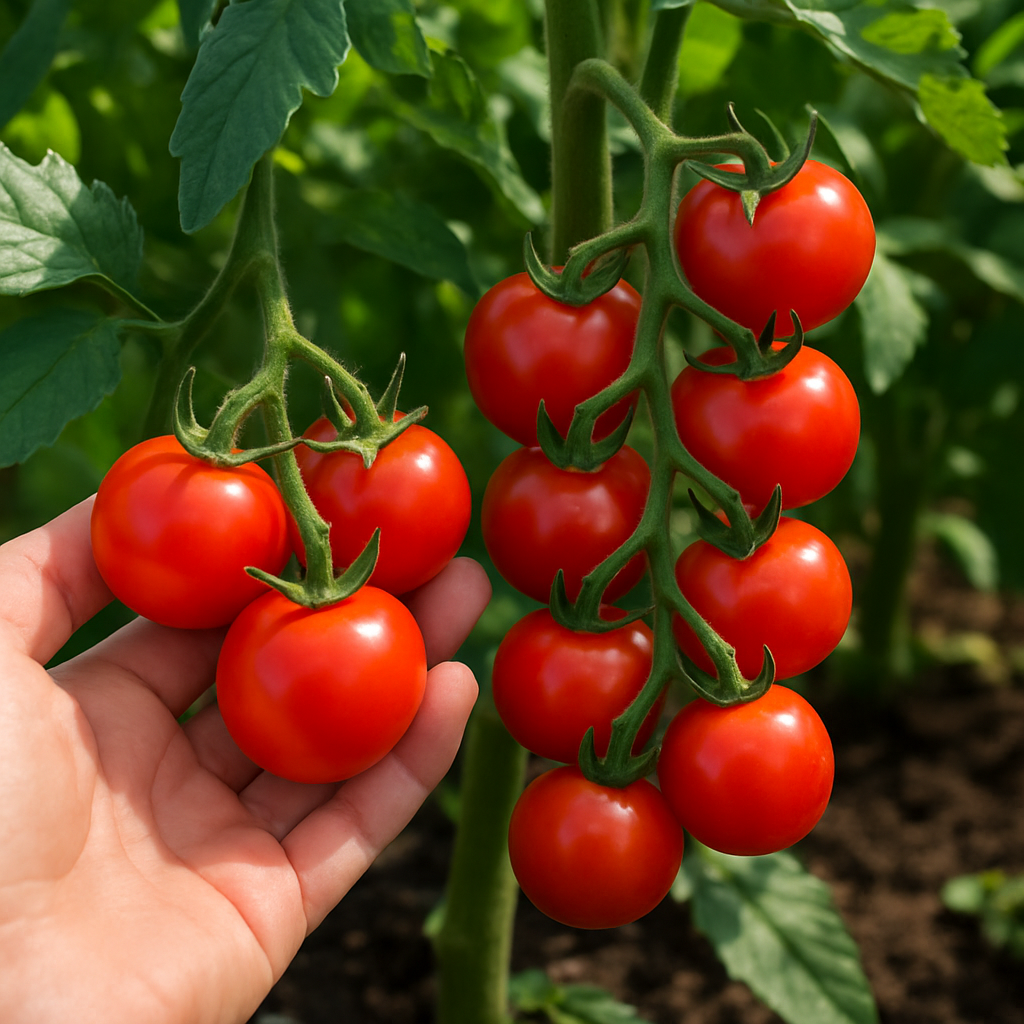 Hand holding tomatoes and showing the size of tomatoes