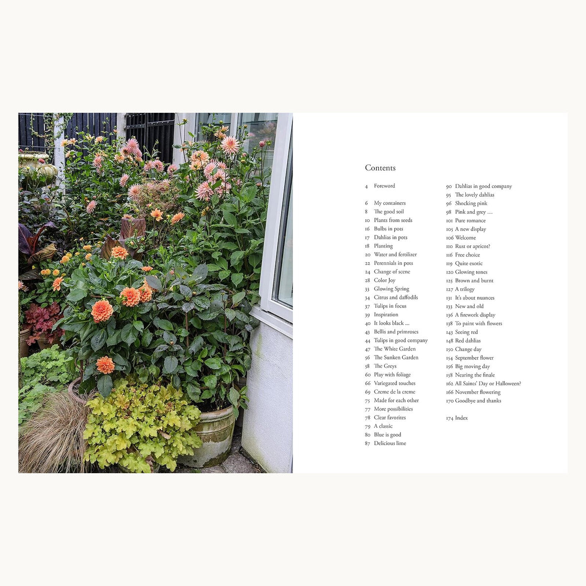 Containers in the Garden contents pages with seasonal container gardening topics