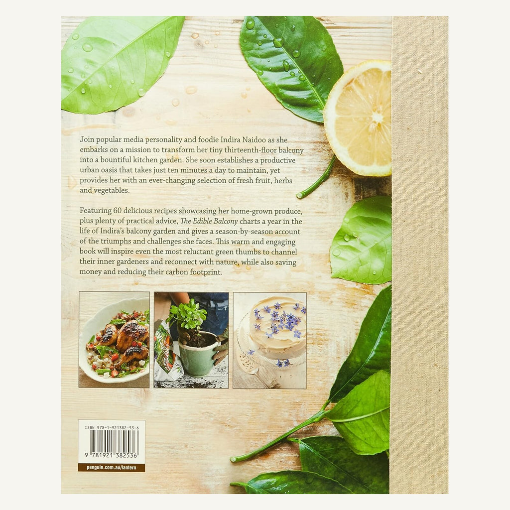 The Edible Balcony paperback back cover with book description and ISBN