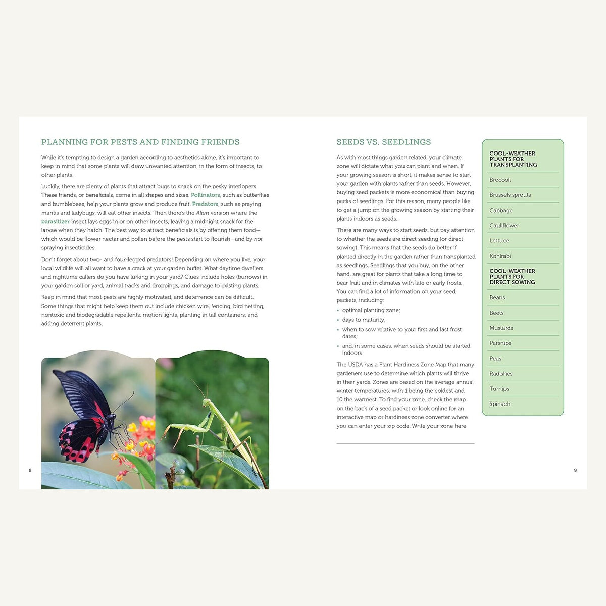 Gardener's Planner pages about beneficial insects, pests, seeds and seedlings
