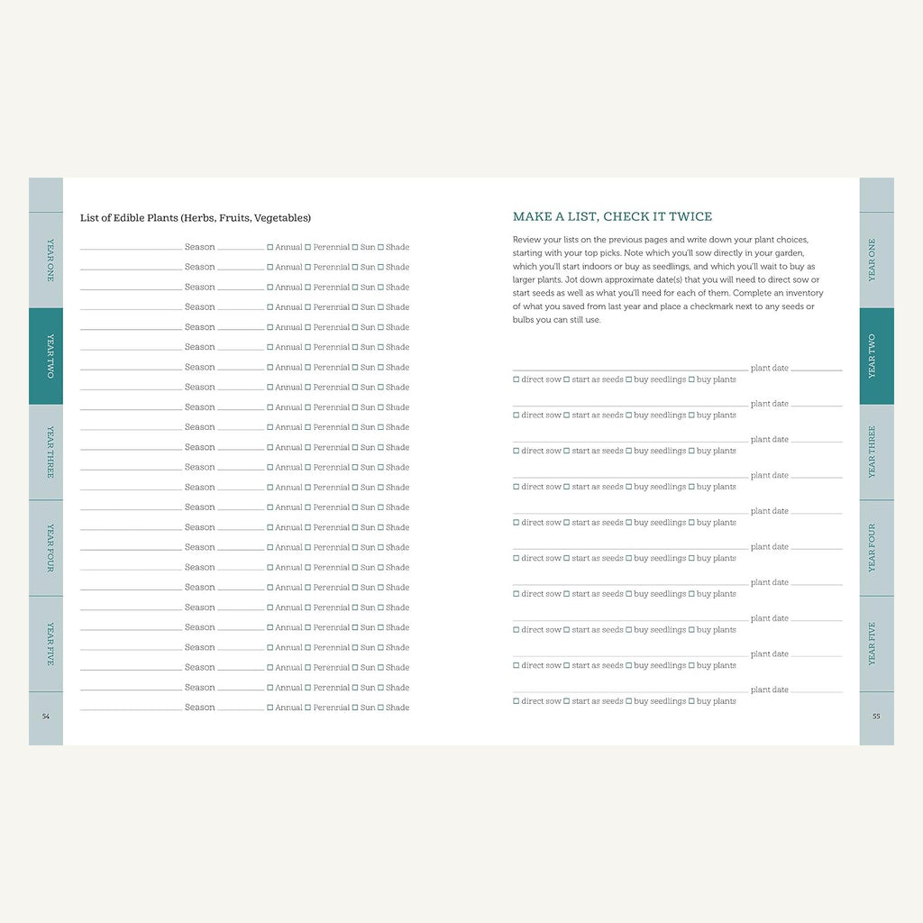 The Gardener's Planner edible plants list and planting checklist pages