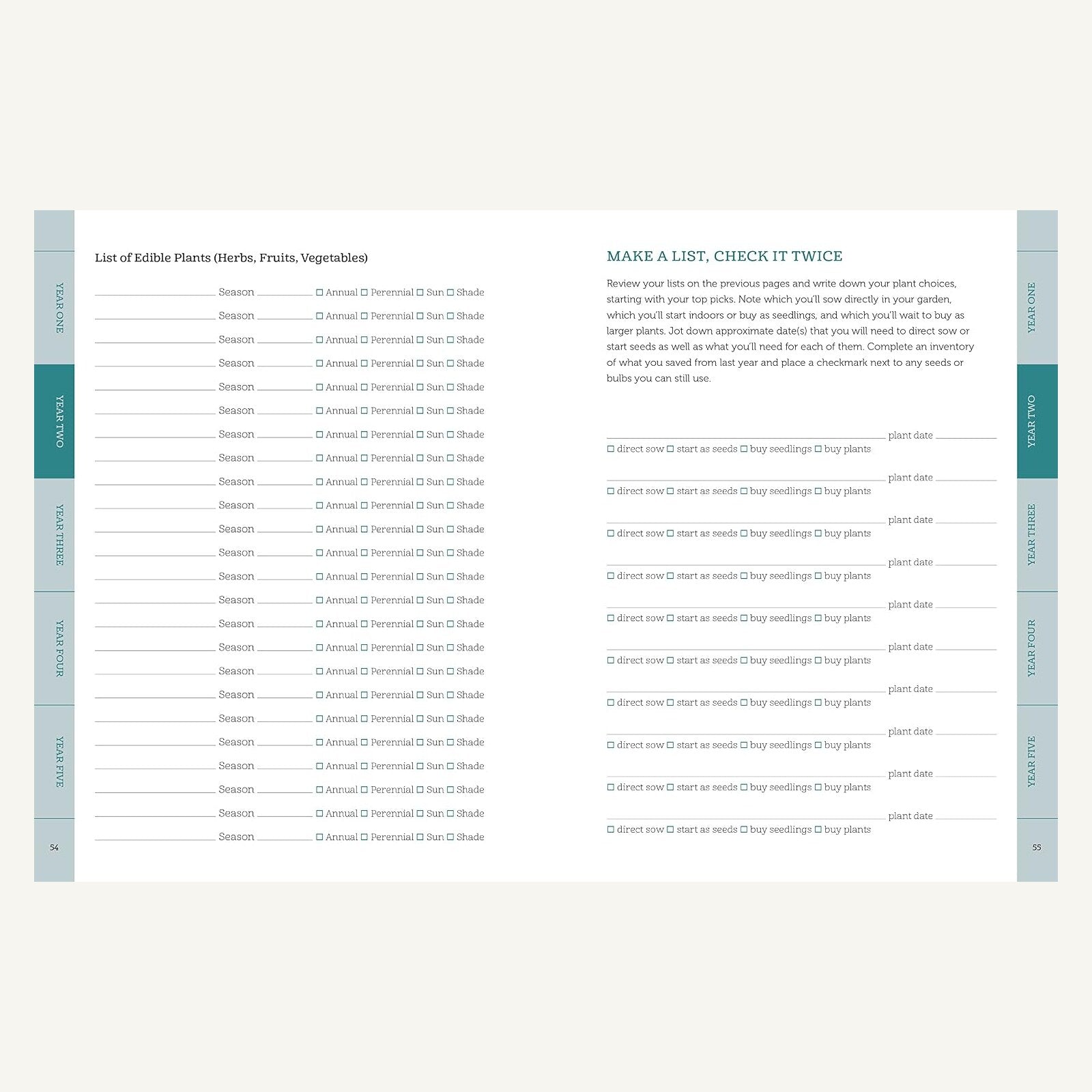 The Gardener's Planner edible plants list and planting checklist pages