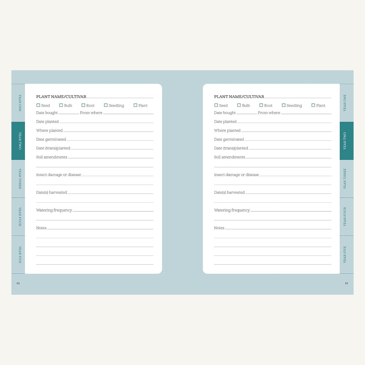 The Gardener's Planner five-year plant record and garden notes pages