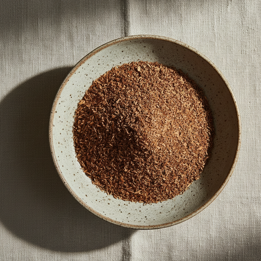 Ceramic bowl with honeybush glanulated tea on a textured beige surface