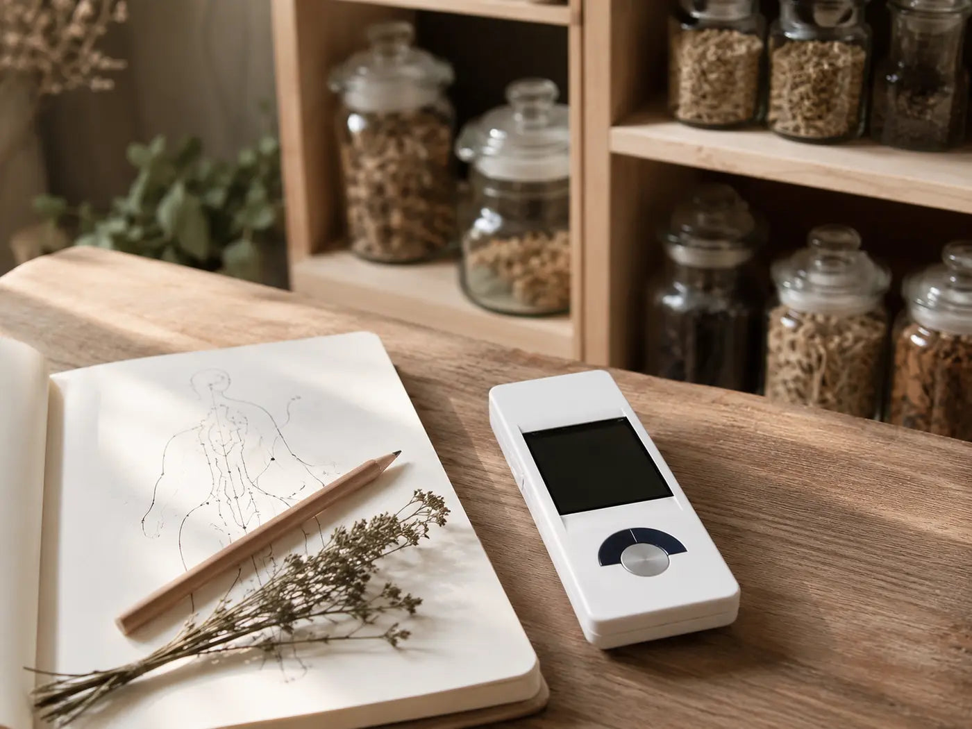 Original miHealth device beside a practitioner notebook illustrating meridian pathways and herbal dispensary jars