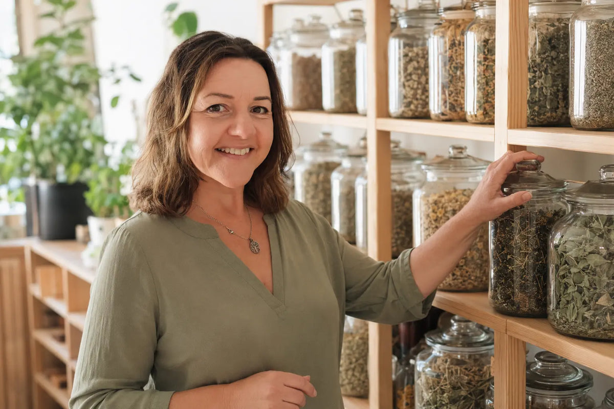 Zdenka selecting herbs from her Planting Organics dispensary