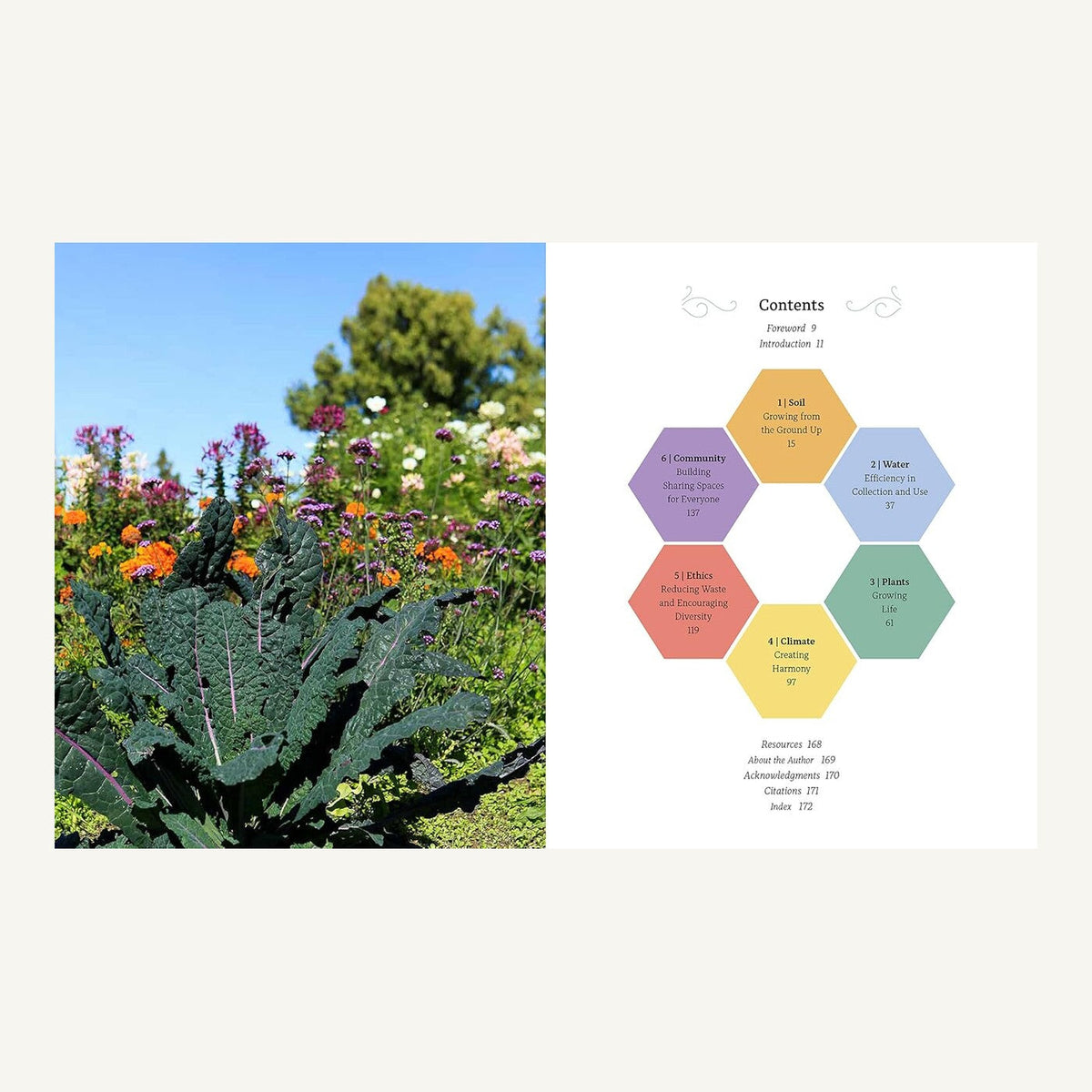Contents of The Regenerative Garden covering six sustainable gardening themes