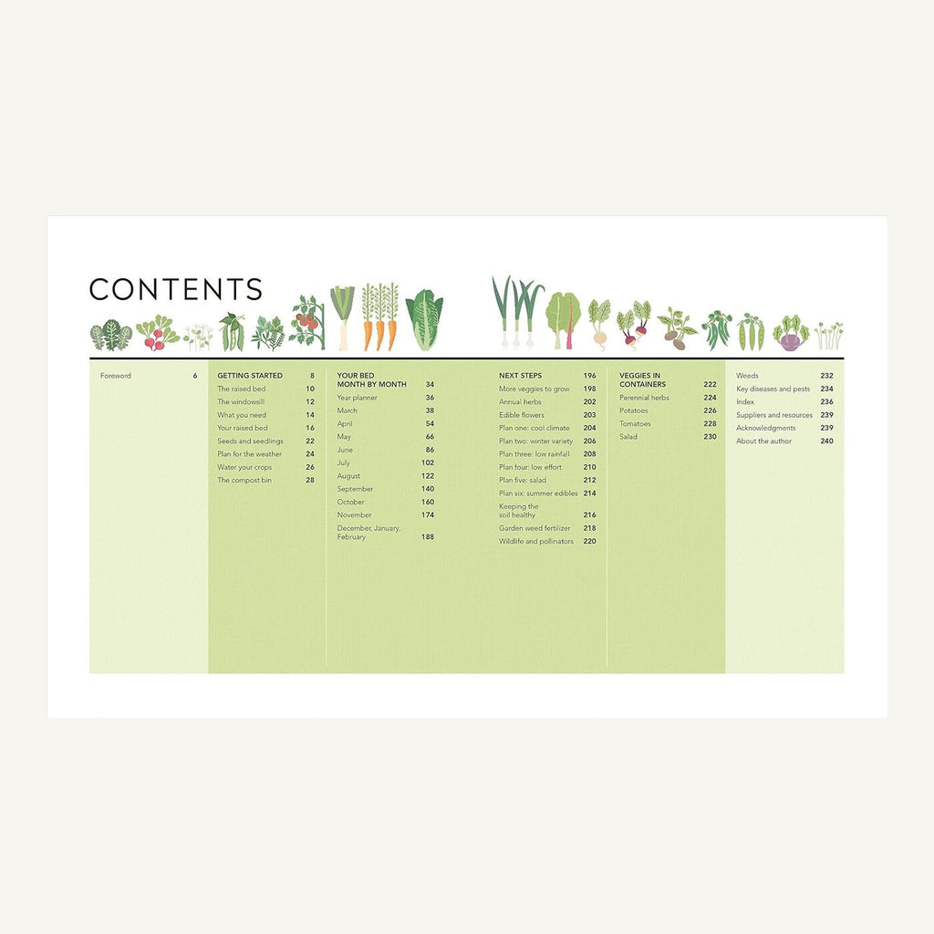 Contents page of Veg in One Bed month-by-month gardening guide